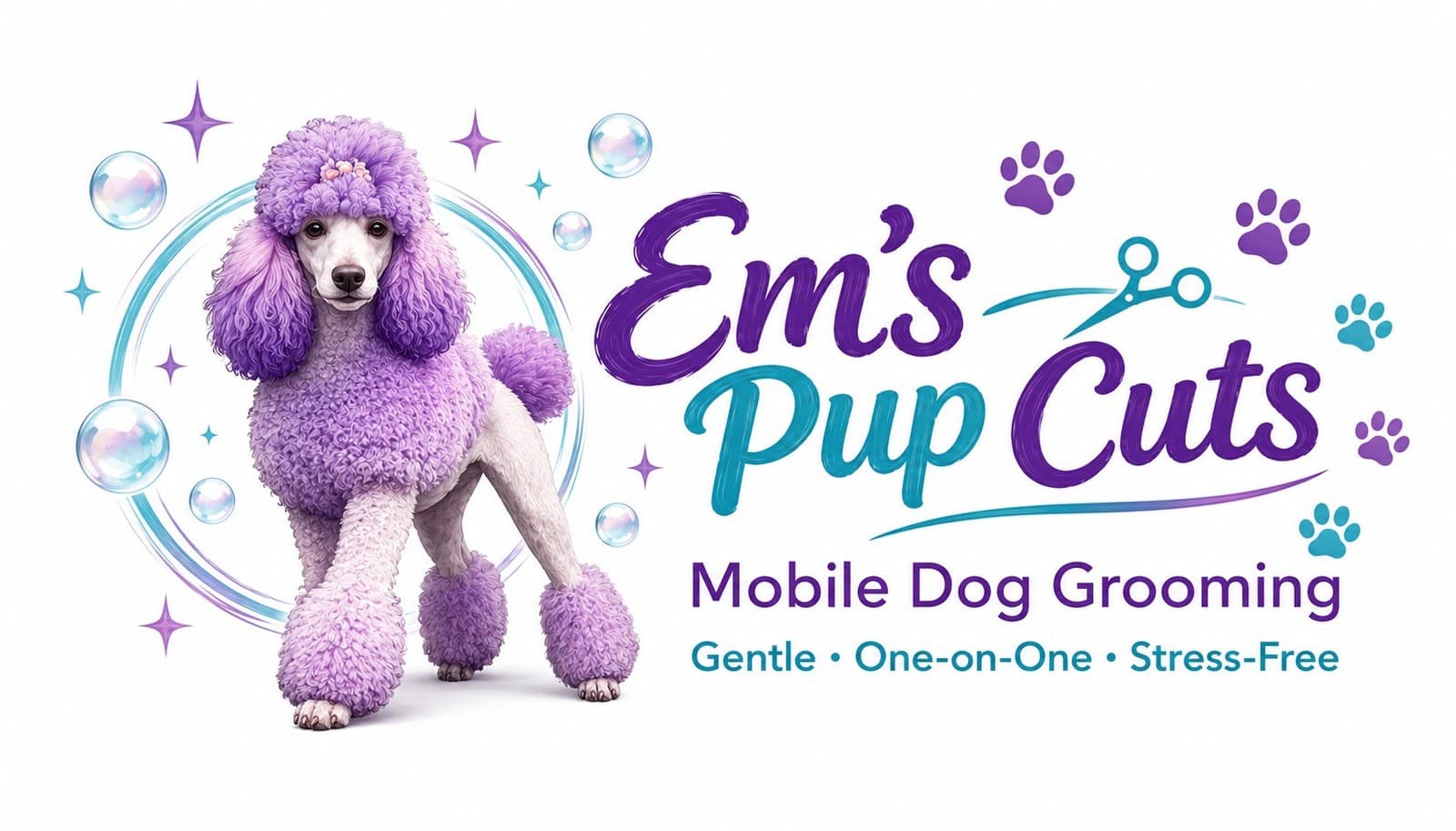 Em's Pup Cuts logo — Malibu, a purple-dyed standard poodle, beside the Em's Pup Cuts wordmark